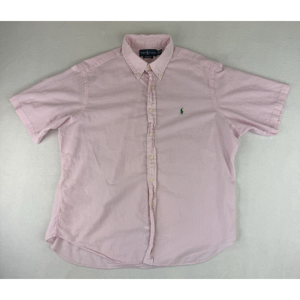 Ralph Lauren Classic Fit Seersucker Shirt Sz XXL Pink White Stripe Short Sleeve